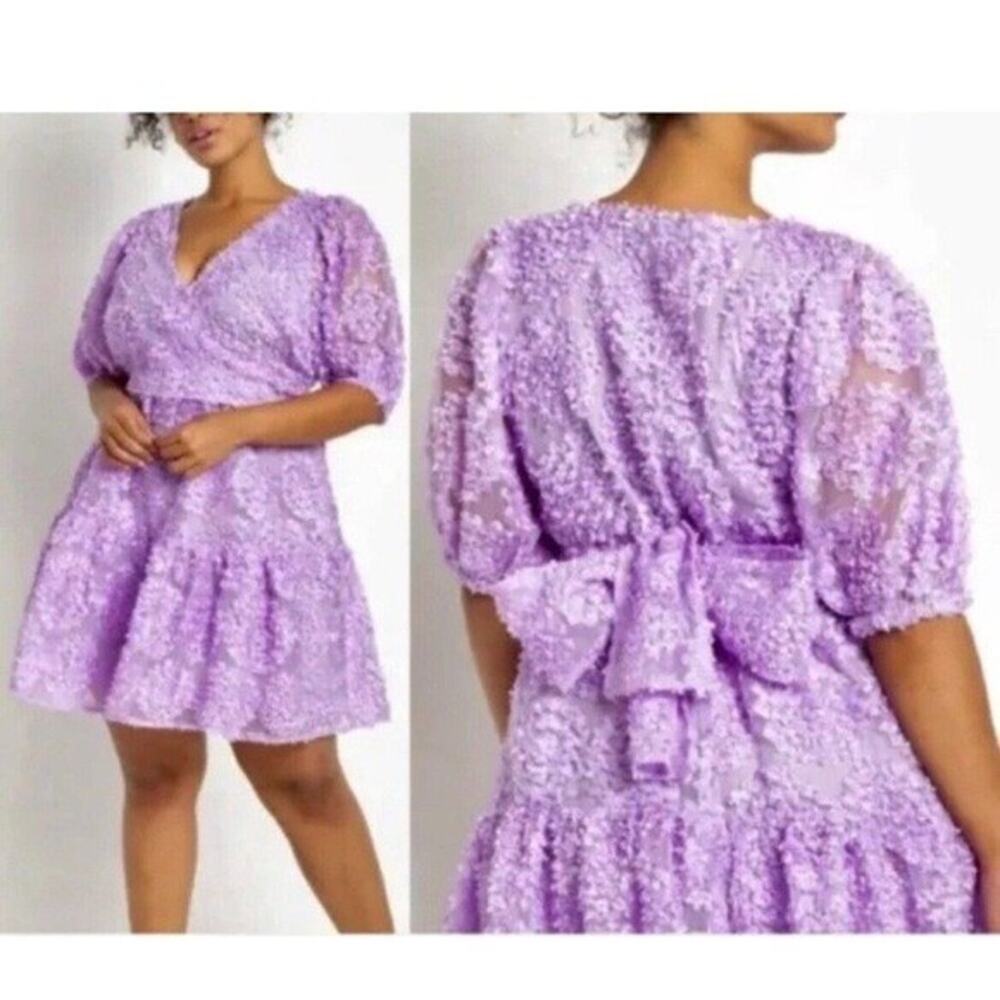 Eloquii Sheer Floral Tie Back Mini Dress Lavender Lilac Sz 22 Puffed Sleeves